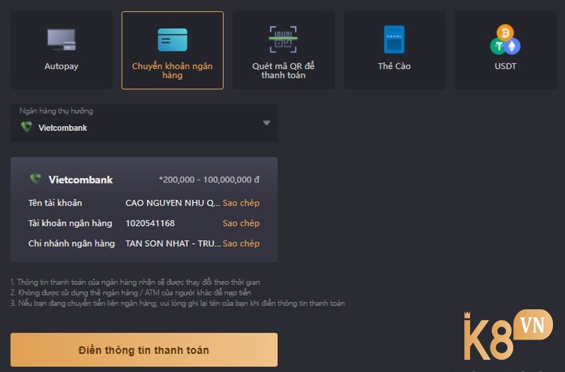 Nạp tiền k8 băng chuyển khoản ngân hàng